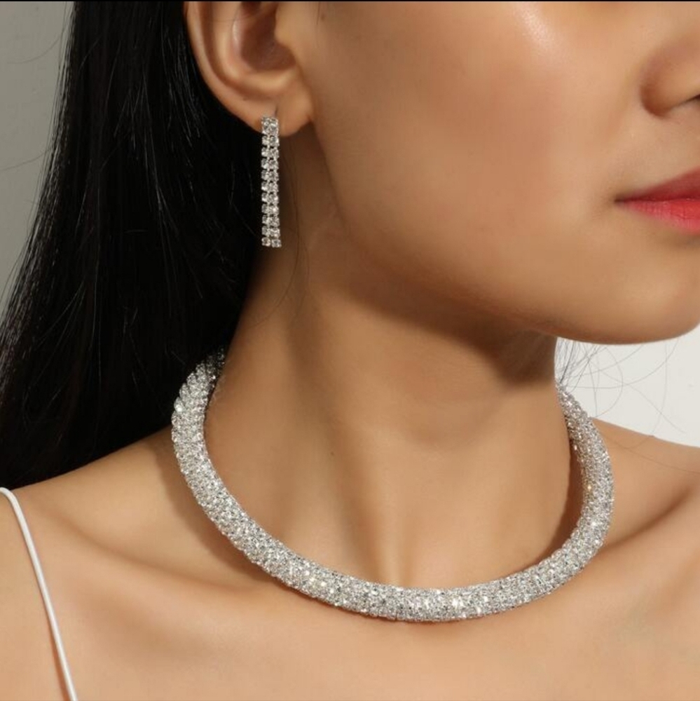 Silver Crystal Encrusted Cord & Earrings Set